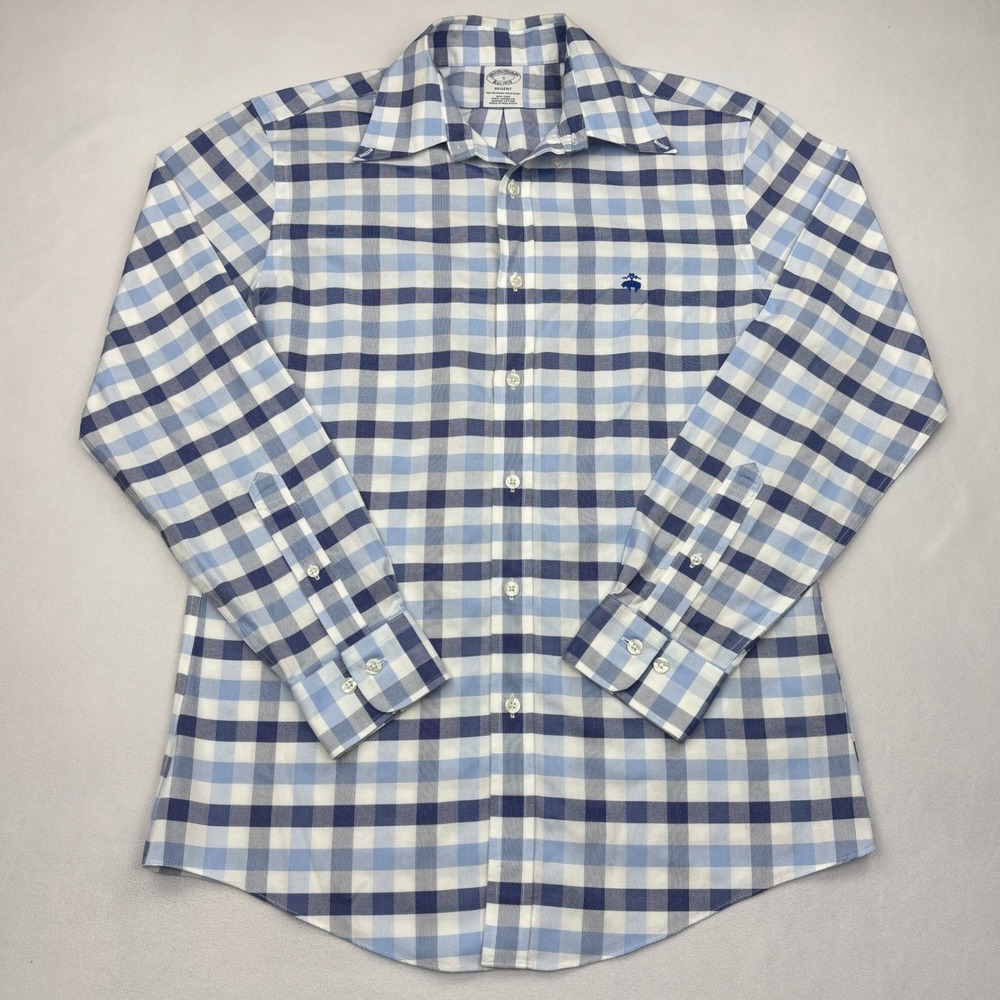 Brooks Brothers Shirt Mens Small Regent Fit Non Iron Blue Gingham Supima Cotton